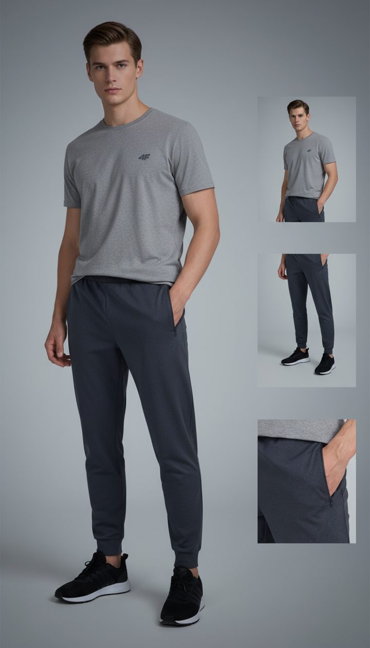 Lookbook 4F: mężczyzna w szarej koszulce i spodniach dresowych