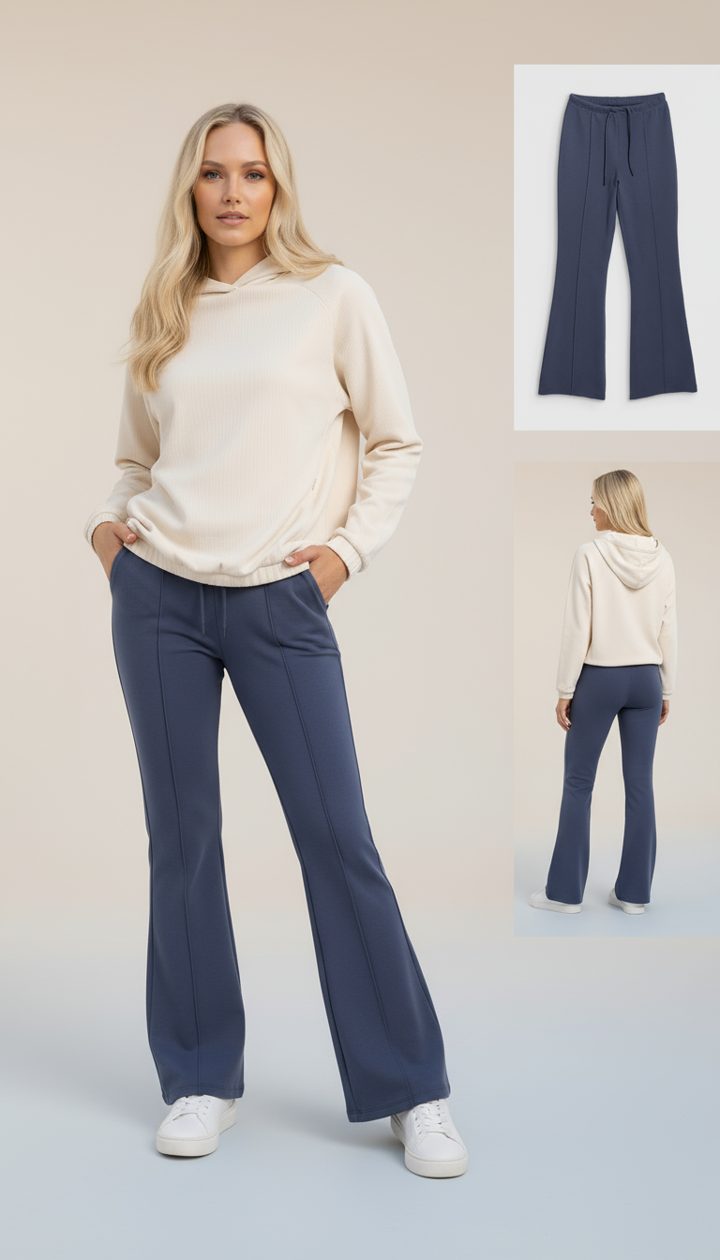 Lookbook: kremowa bluza i spodnie z rozszerzaną nogawką, z packshotem