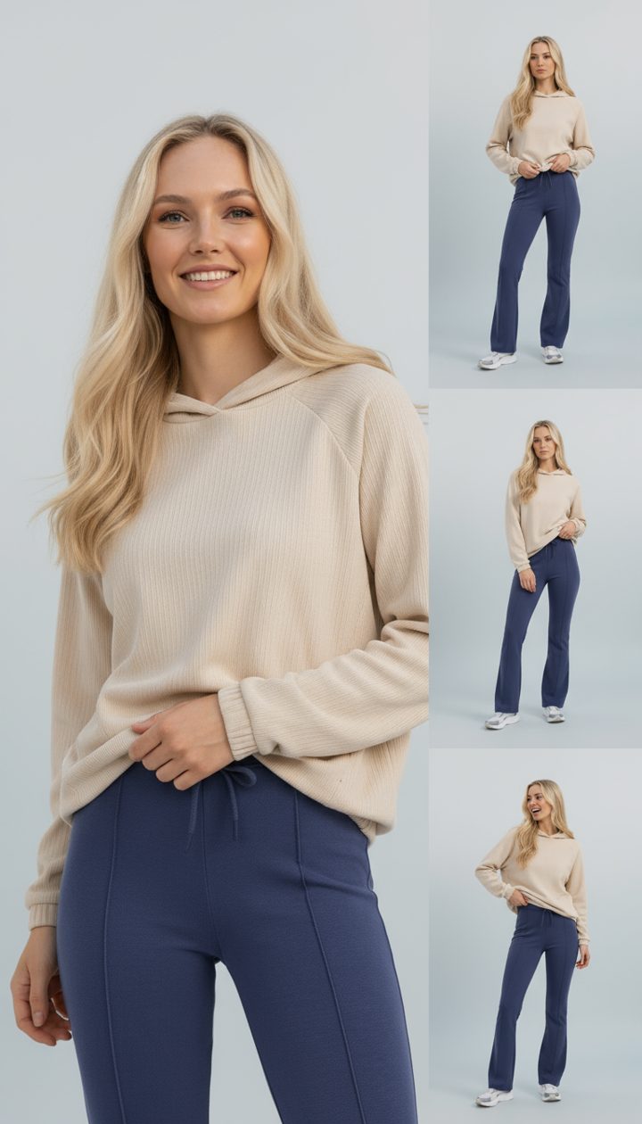 Lookbook: kremowa bluza i granatowe spodnie, trzy ujęcia