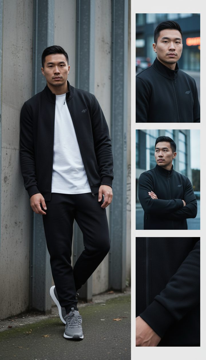 Lookbook 4F: czarna bluza na tle betonowej ściany